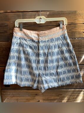 Joie Blue Geometric Print Shorts with Peach Embroidered Paisley Waistband NWOT